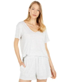 Mod-o-doc Cotton Linen Stripe Short Sleeve Raw Edge V-Neck Tee