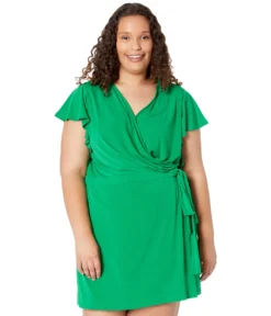 London Times Plus Size Solid Jersey Ruffle Sleeve Wrap Short Romper