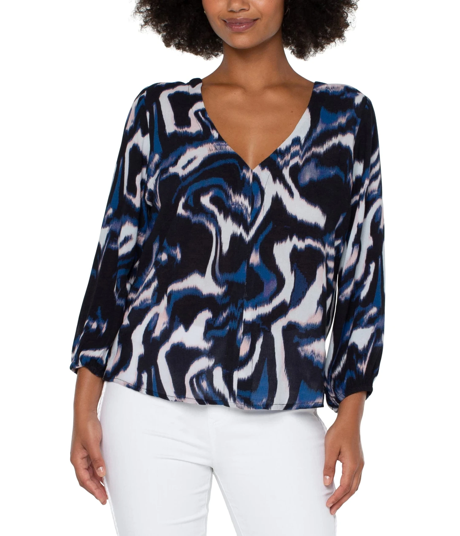 Liverpool 3/4 Sleeve Double V-Neck Woven Top