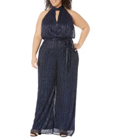 Adrianna Papell Crinkle Metallic Halter Neck Blouson Jumpsuit